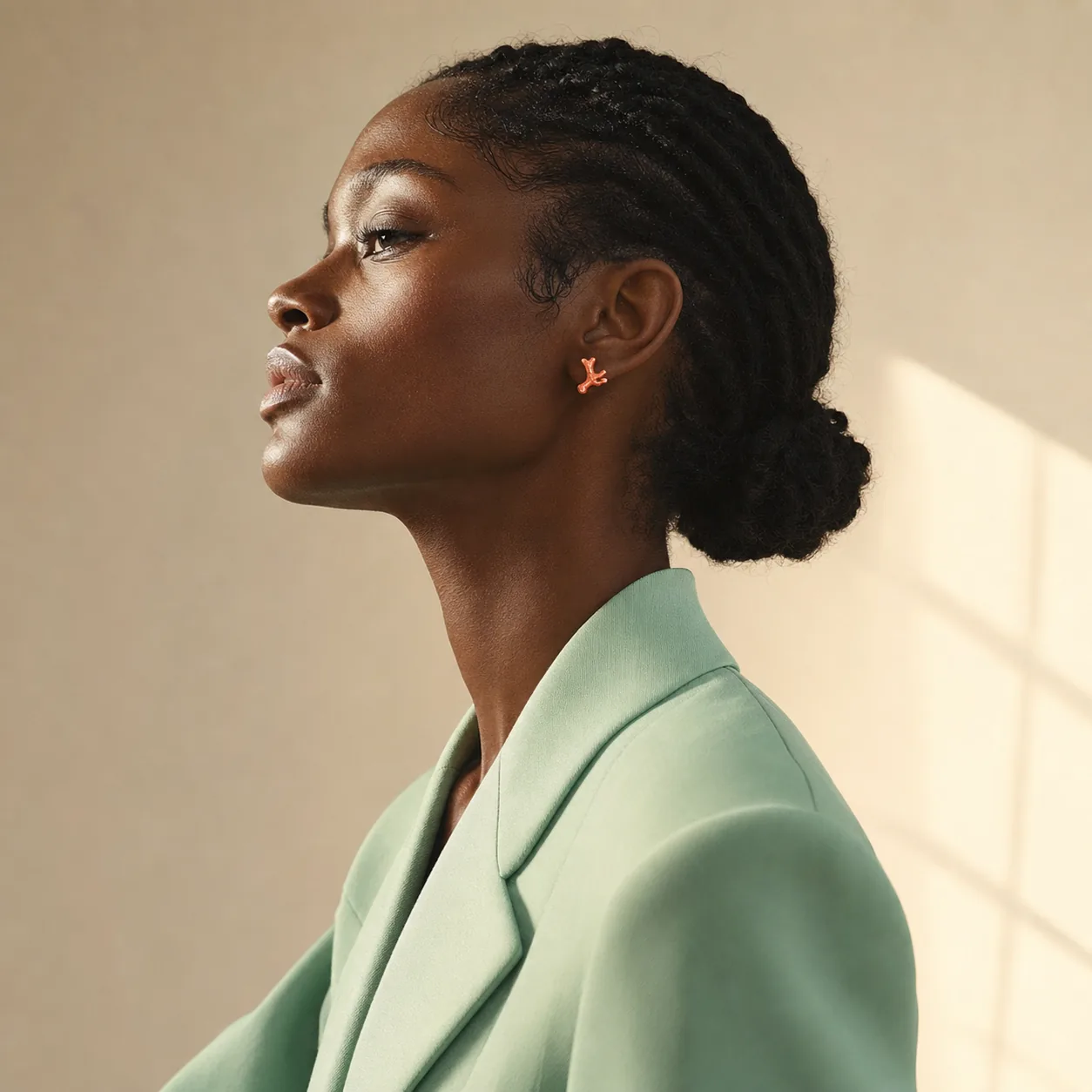Editorial portrait in a mint-green jacket